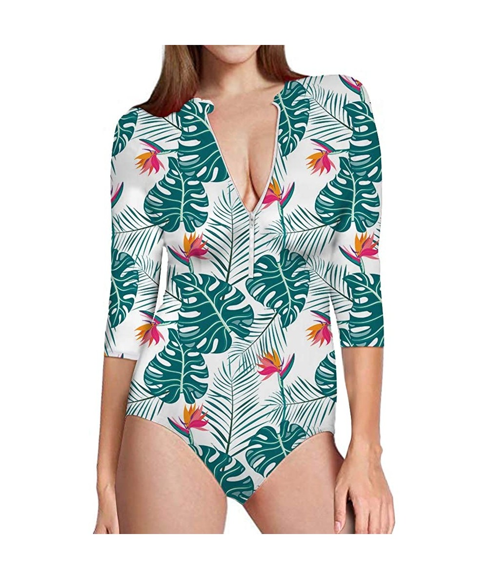 Rash Guards Hawaiian Style Womens One Piece 3/4 Sleeve Rash Gurad Swimsuit Bathing Suit - Tropical Leaves-3 - CL18R50EELW $55.41