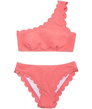 Sets Women's Swimsuits Two Pieces Rain of Petals Solid Wavy Edge One-Shoulder Bikini Set Sexy Swimwear Bathing Suits - Hot Pi...