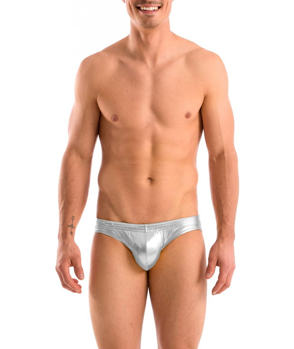 Racing Mens Solid Contour Pouch Bikini Swimsuit - Liquid Silver - C5115O8V5Q3 $37.12