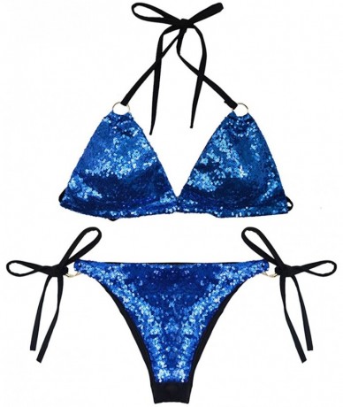 Sets Women Sequin Triangle Bikini Set Sexy 2 Piece Tie-Side Bottom String Halter Glitter Swimsuit Beachwear - Blue - C218OWLE...