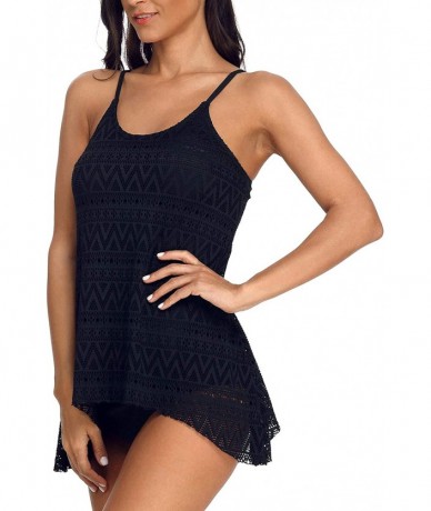 Tankinis Women's Bathing Suits Tankini Layered Lace Two Piece Swimsuits Ruched Brief Set - 1-navy Blue - CZ18OZHKWUH $31.86