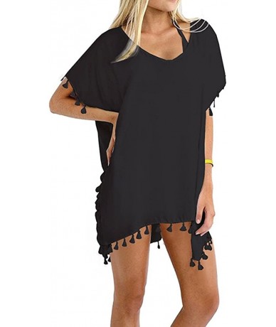 Cover-Ups Women's Stylish Chiffon Tassel Beachwear Bikini Swimsuit Cover up - 0 Black - CZ182W82OLS $31.03