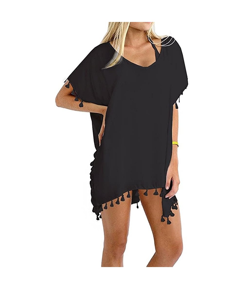 Cover-Ups Women's Stylish Chiffon Tassel Beachwear Bikini Swimsuit Cover up - 0 Black - CZ182W82OLS $31.03