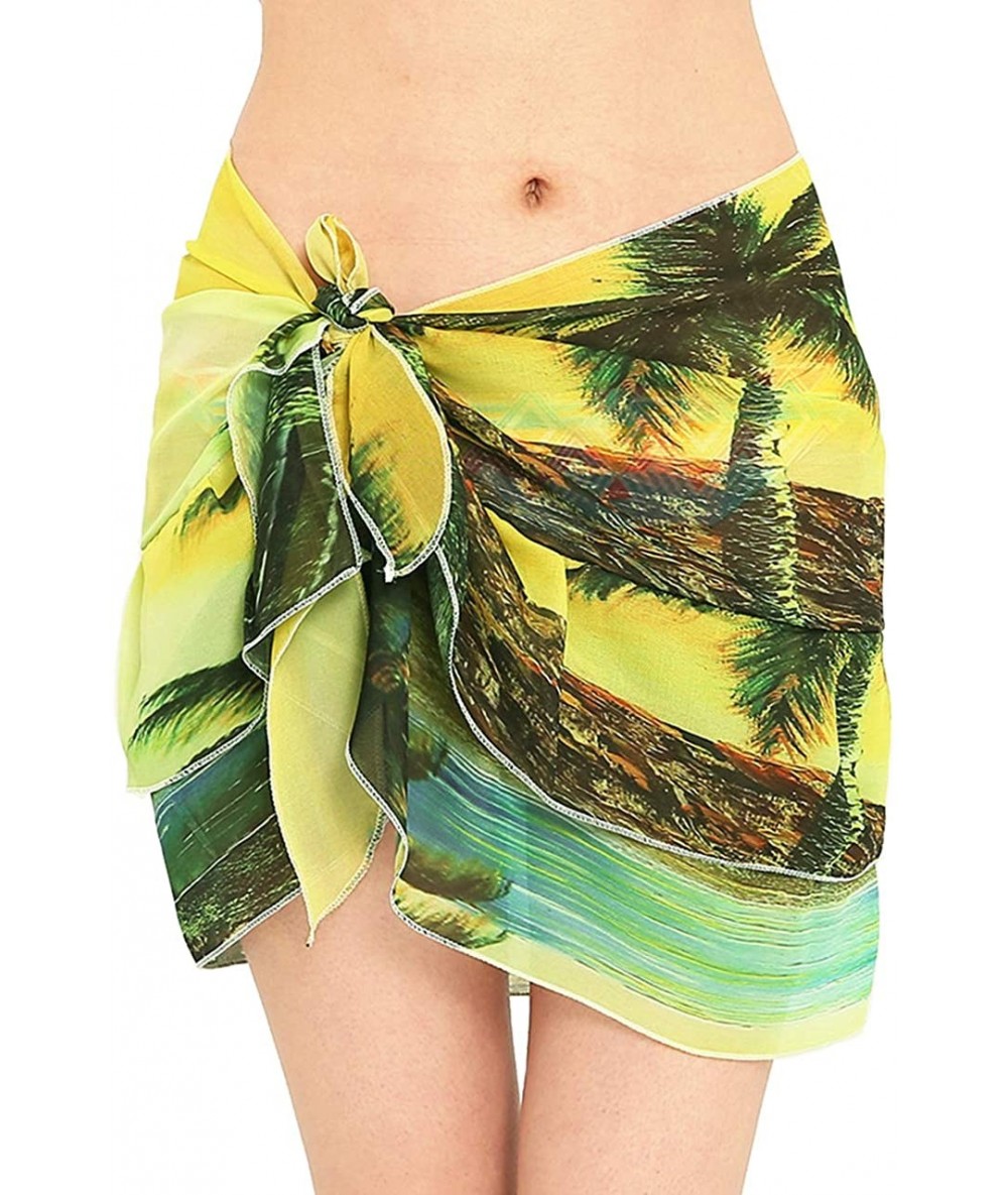 Cover-Ups Women Chiffon Beach Cover Up Sarong Wrap Swimwear Ruffle Pareo Swimsuit Short - Yellow&green - CJ196UG6ERU $26.48