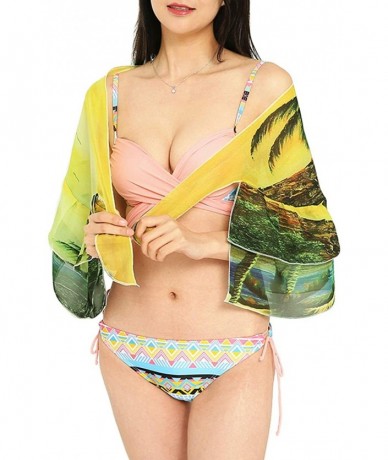 Cover-Ups Women Chiffon Beach Cover Up Sarong Wrap Swimwear Ruffle Pareo Swimsuit Short - Yellow&green - CJ196UG6ERU $26.48