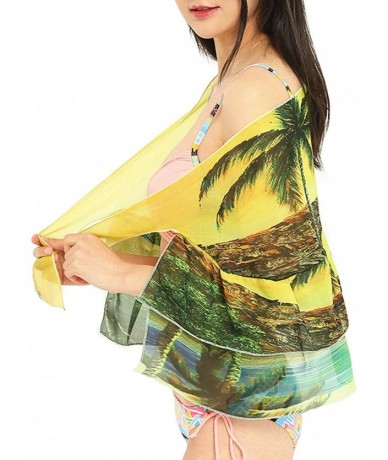 Cover-Ups Women Chiffon Beach Cover Up Sarong Wrap Swimwear Ruffle Pareo Swimsuit Short - Yellow&green - CJ196UG6ERU $26.48