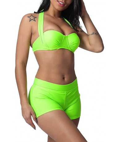 Sets Swimsuits for Women Solid Bandage Two Pieces Bikini Set Boy Short Swimwear Beach Bathing Suit Green - CF18S640XC0 $39.11