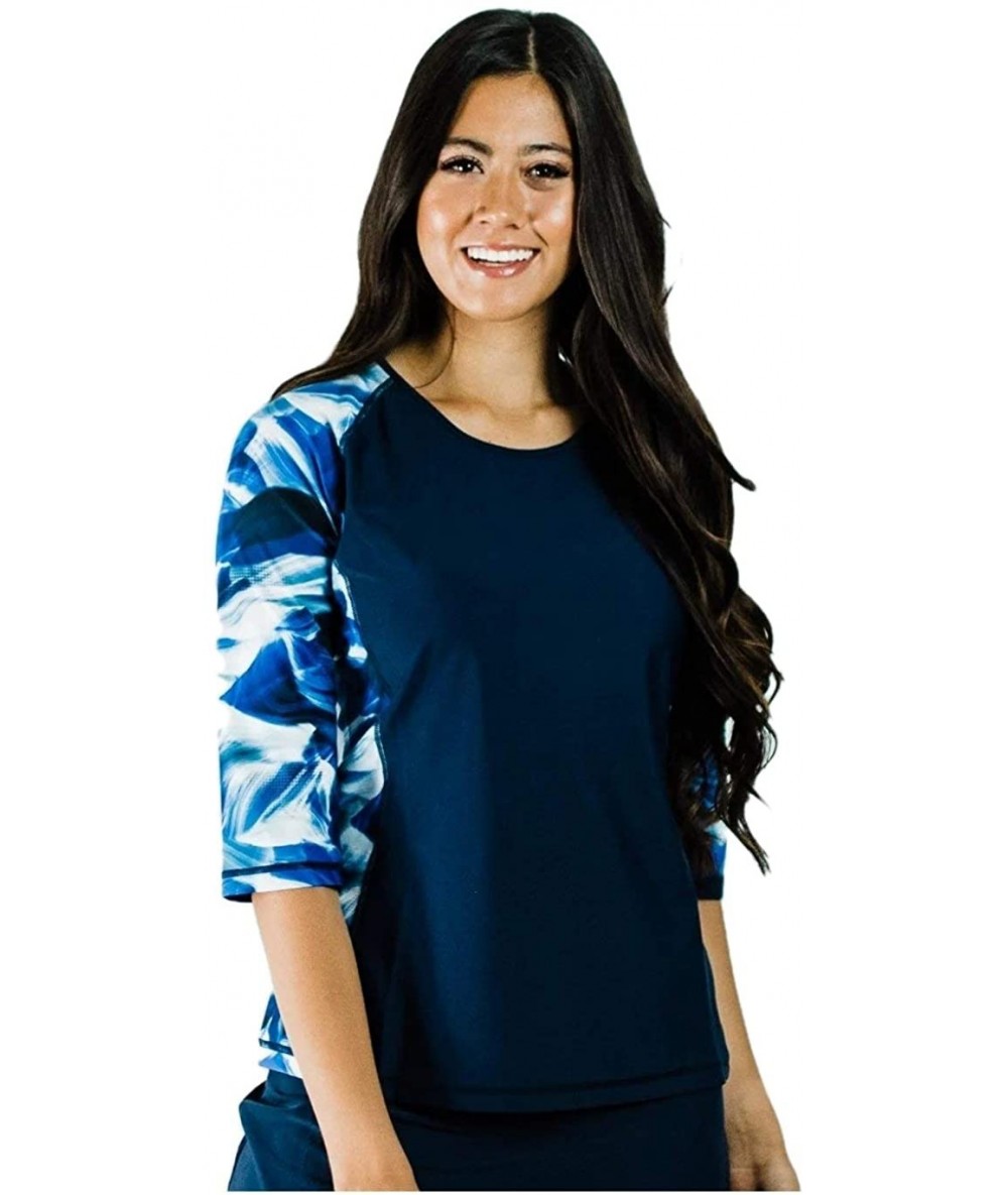 Rash Guards Modest Rash Guard 3/4 Sleeve Swim Shirt (S-XXXL) UPF 50+ - Navy Wave/Navy - Loose Fit - CK19DLAG09X $81.25