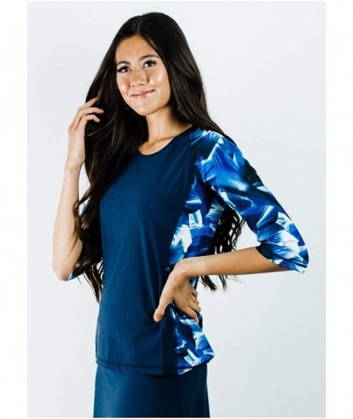 Rash Guards Modest Rash Guard 3/4 Sleeve Swim Shirt (S-XXXL) UPF 50+ - Navy Wave/Navy - Loose Fit - CK19DLAG09X $81.25