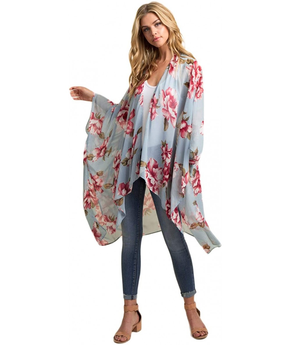 Cover-Ups Women Floral Kimono Robe Sheer Chiffon Cardigan 3/4 Sleeve Cover Up Long Blouse Outwear - Light Blue Flower - C618W...