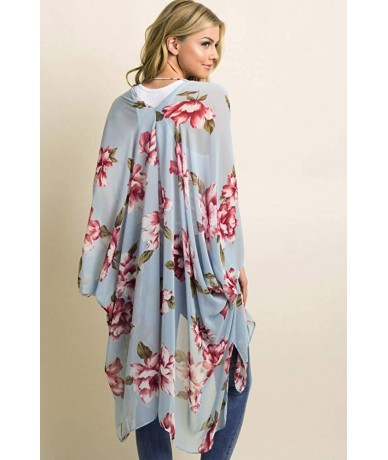 Cover-Ups Women Floral Kimono Robe Sheer Chiffon Cardigan 3/4 Sleeve Cover Up Long Blouse Outwear - Light Blue Flower - C618W...