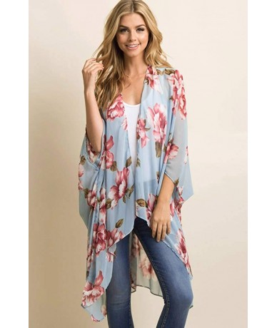 Cover-Ups Women Floral Kimono Robe Sheer Chiffon Cardigan 3/4 Sleeve Cover Up Long Blouse Outwear - Light Blue Flower - C618W...