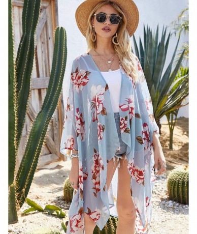 Cover-Ups Women Floral Kimono Robe Sheer Chiffon Cardigan 3/4 Sleeve Cover Up Long Blouse Outwear - Light Blue Flower - C618W...