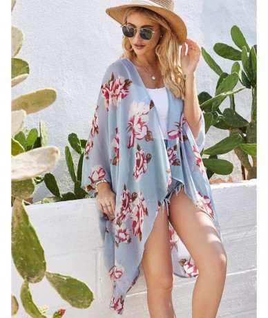 Cover-Ups Women Floral Kimono Robe Sheer Chiffon Cardigan 3/4 Sleeve Cover Up Long Blouse Outwear - Light Blue Flower - C618W...