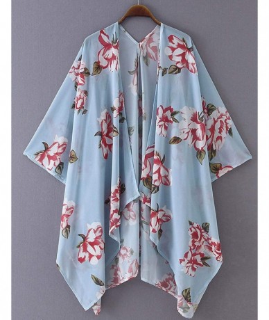 Cover-Ups Women Floral Kimono Robe Sheer Chiffon Cardigan 3/4 Sleeve Cover Up Long Blouse Outwear - Light Blue Flower - C618W...