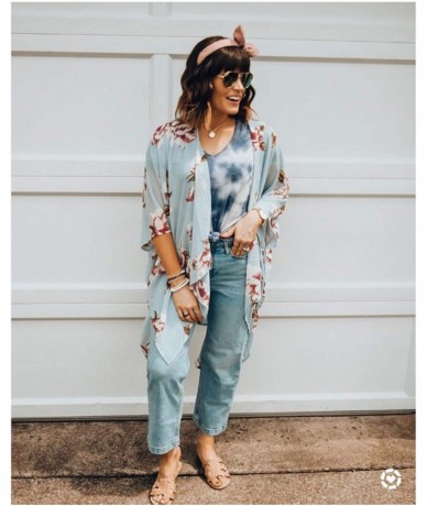 Cover-Ups Women Floral Kimono Robe Sheer Chiffon Cardigan 3/4 Sleeve Cover Up Long Blouse Outwear - Light Blue Flower - C618W...