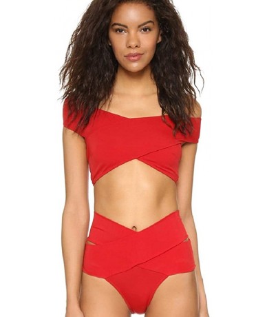 Sets Women's Red Off Shoulder Criss Cross Wrap Bikini Tops Two Piece Triangle Briefs Swimsuit - CM18CMUDSM2 $31.57