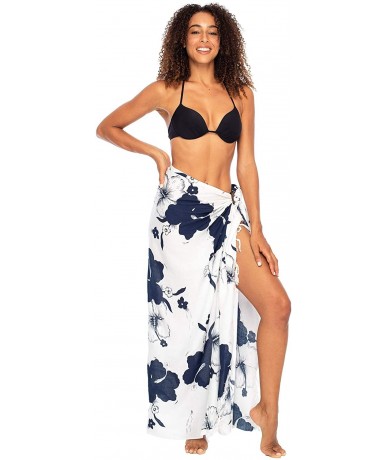 Cover-Ups Womens Sarong Swimsuit Cover Up Floral Hibiscus Sequins Beach Wear Bikini Wrap Skirt with Coconut Clip - Navy - C51...