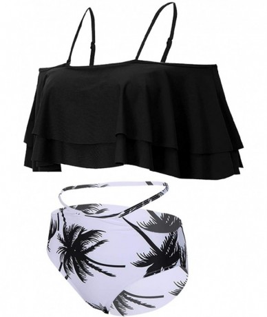 Sets Women Two Piece Swimsuit High Waisted Off Shoulder Ruffled Bikini Set - Bk Tree-1 - CD188KG8YO9 $47.93