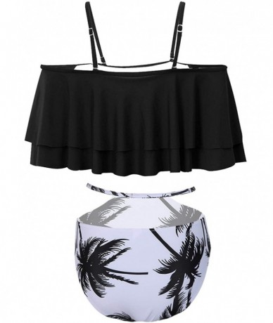 Sets Women Two Piece Swimsuit High Waisted Off Shoulder Ruffled Bikini Set - Bk Tree-1 - CD188KG8YO9 $47.93