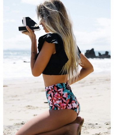 Sets Women Ruffle High Waist Swimsuit Two Pieces Push Up Tropical Print Bikini - Black/Floral - CY193XUOWHX $47.90