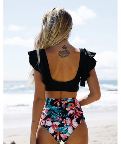 Sets Women Ruffle High Waist Swimsuit Two Pieces Push Up Tropical Print Bikini - Black/Floral - CY193XUOWHX $47.90