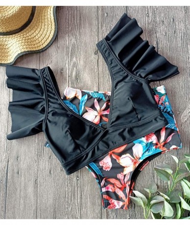 Sets Women Ruffle High Waist Swimsuit Two Pieces Push Up Tropical Print Bikini - Black/Floral - CY193XUOWHX $47.90