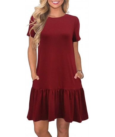 Cover-Ups Women's Cover up Casual Short Sleeve Swing Loose Ruffle Hem Mini Flowy T Shirt Simple Dress with Pockets MY071 Wine...