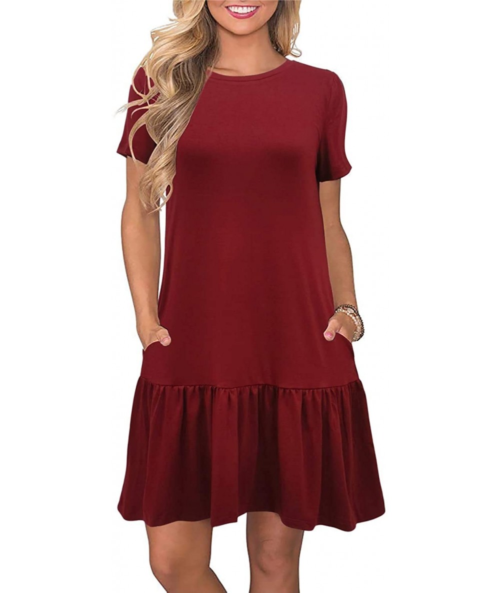 Cover-Ups Women's Cover up Casual Short Sleeve Swing Loose Ruffle Hem Mini Flowy T Shirt Simple Dress with Pockets MY071 Wine...