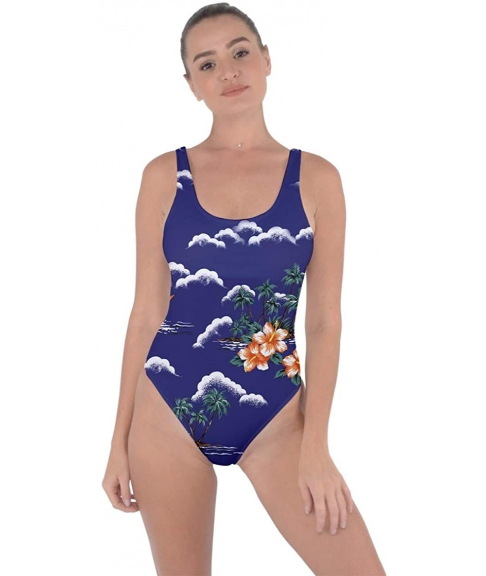 One-Pieces Womens One Piece Hawaiian Hibiscus Flowers Palm Leaves Bring Sexy Low Back Swimsuit XS 3XL Dark Blue Frangipani - ...