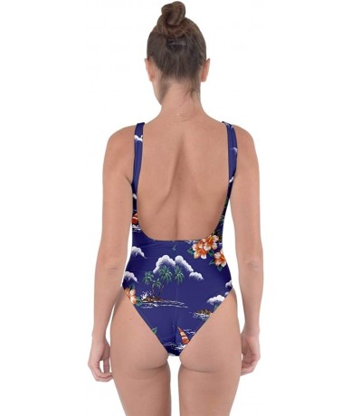 One-Pieces Womens One Piece Hawaiian Hibiscus Flowers Palm Leaves Bring Sexy Low Back Swimsuit XS 3XL Dark Blue Frangipani - ...