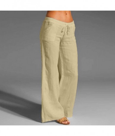 Sets Women Casual Solid Cotton Linen Elastic Waist Drawstring Long Wide Leg Pants - Beige - CG199CO335D $55.55