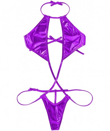 Sets Women's Shiny Metallic Halter Neck Slingshot Bikini Mini Teddy Bodysuit Swimsuit - Purple - CM194A0S4LW $30.59