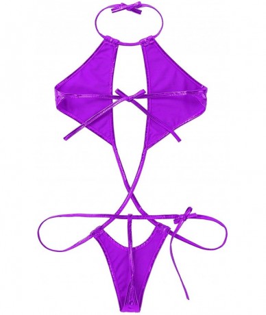 Sets Women's Shiny Metallic Halter Neck Slingshot Bikini Mini Teddy Bodysuit Swimsuit - Purple - CM194A0S4LW $30.59