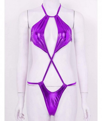 Sets Women's Shiny Metallic Halter Neck Slingshot Bikini Mini Teddy Bodysuit Swimsuit - Purple - CM194A0S4LW $30.59