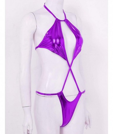 Sets Women's Shiny Metallic Halter Neck Slingshot Bikini Mini Teddy Bodysuit Swimsuit - Purple - CM194A0S4LW $30.59