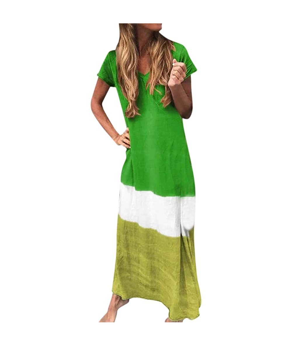 Cover-Ups Plus Size Maxi Dresses-Womens Gradient Color Block Tie-Dyed V Neck Short Sleeve Summer Loose Long Dress - Green - C...