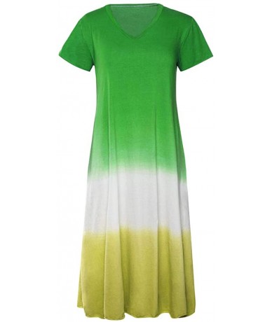 Cover-Ups Plus Size Maxi Dresses-Womens Gradient Color Block Tie-Dyed V Neck Short Sleeve Summer Loose Long Dress - Green - C...