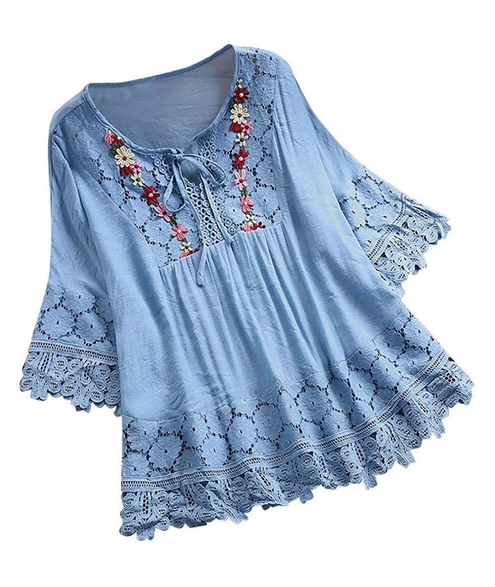 One-Pieces Women Tops- Women's Button Down Tunic Pullover Roll Striped T-Shirt Blouse Tee - Y6-sky Blue - CT199EY458O $46.97