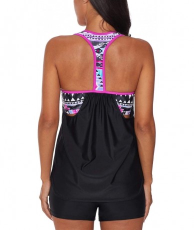 Sets Womens Blouson Striped Printed Strappy T-Back Push up Tankini Top with Shorts - Rose - CV18RMYODAW $53.55