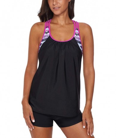 Sets Womens Blouson Striped Printed Strappy T-Back Push up Tankini Top with Shorts - Rose - CV18RMYODAW $53.55