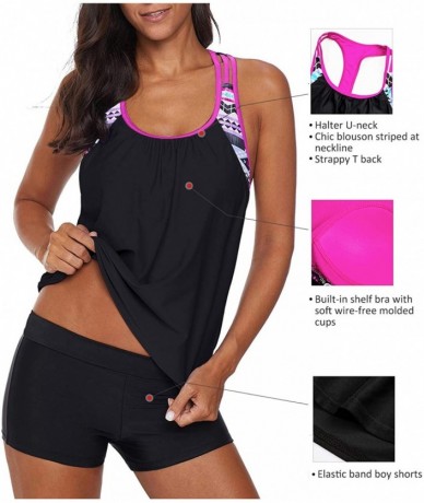 Sets Womens Blouson Striped Printed Strappy T-Back Push up Tankini Top with Shorts - Rose - CV18RMYODAW $53.55