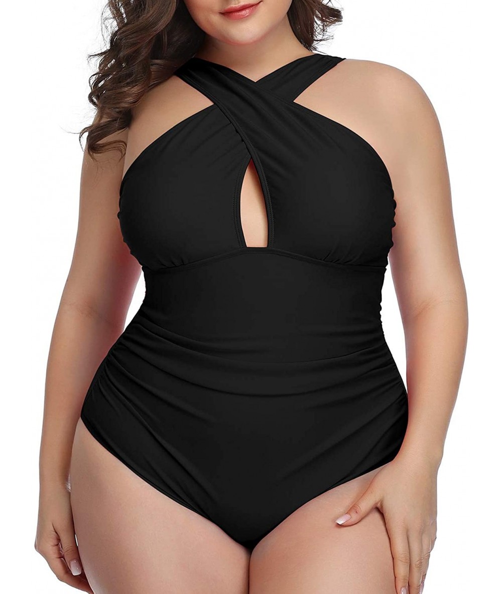 One-Pieces Womens Plus Size Swimsuits One Piece Tummy Control Front Cross Bathing Suits Keyhole Swimwear - Black - CY194TEEY7...