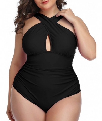 One-Pieces Womens Plus Size Swimsuits One Piece Tummy Control Front Cross Bathing Suits Keyhole Swimwear - Black - CY194TEEY7...