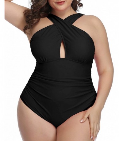 One-Pieces Womens Plus Size Swimsuits One Piece Tummy Control Front Cross Bathing Suits Keyhole Swimwear - Black - CY194TEEY7...