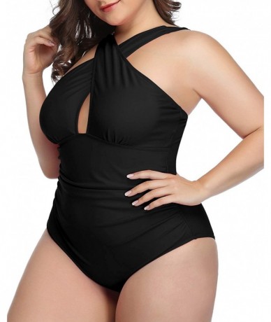 One-Pieces Womens Plus Size Swimsuits One Piece Tummy Control Front Cross Bathing Suits Keyhole Swimwear - Black - CY194TEEY7...