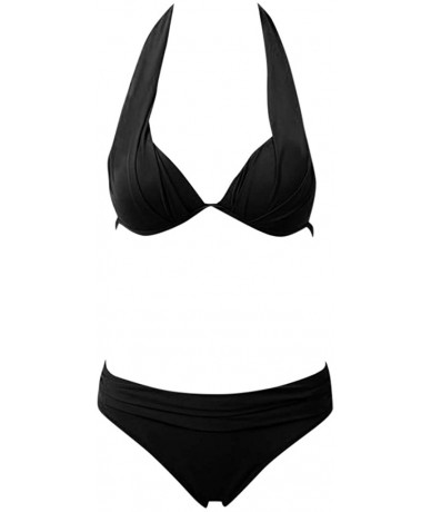 Sets Women's String Two Piece Halter Top Triangle Bikini Set with Tie Side Bottom Sexy Swimsuit Bathing Suits - Black - CZ18U...