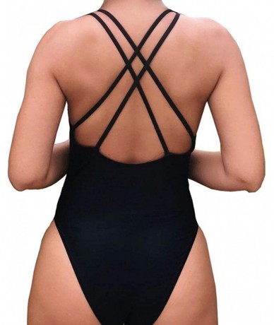 One-Pieces New Women 90s 80s Saying Print Criss Cross Back One Piece Swimsuit High Leg Swimwear Retro Straps Bathing Suit - I...