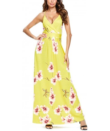 Cover-Ups Women V-Neck Sunflower Print Spaghetti Strap Beach Long Maxi Dresses - Yellow - CT1908OUR5I $51.68