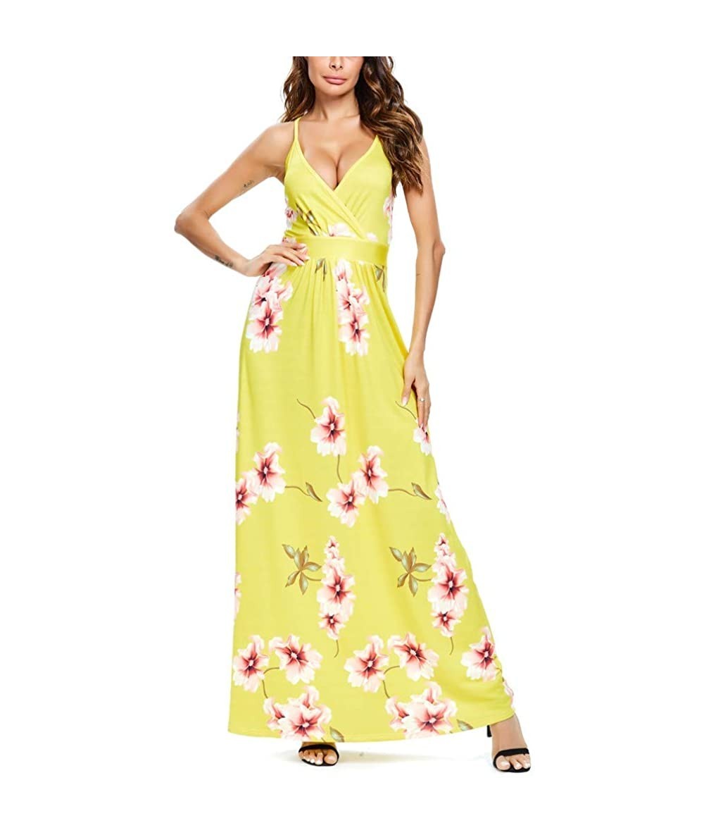 Cover-Ups Women V-Neck Sunflower Print Spaghetti Strap Beach Long Maxi Dresses - Yellow - CT1908OUR5I $51.68